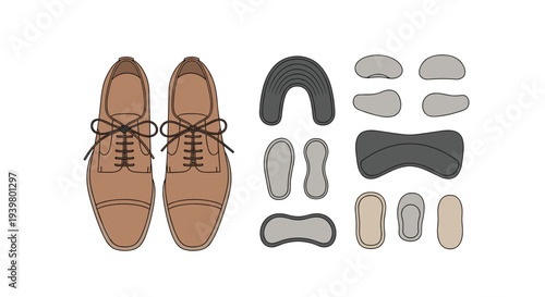 A pair of brown leather oxford shoes with laces is displayed alongside various grey and beige orthopedic shoe inserts and arch supports.