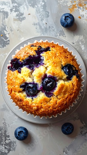 A close-up, overhead shot of a golden-brown baked pastry, studded with dark blue fruit, resting on a small, round plate