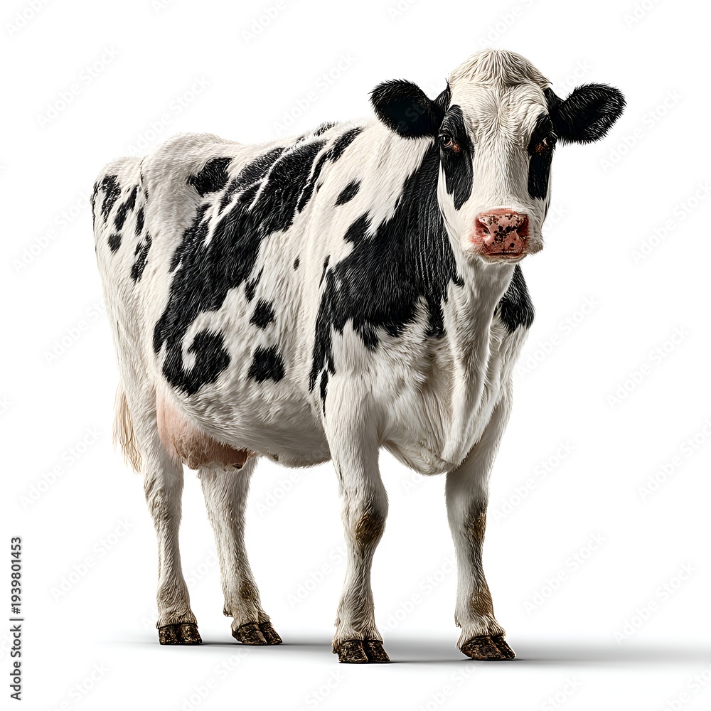 Fototapeta premium A dairy cow with black and white spots stands in a studio against a pure white background looking directly at the camera on a sunny day.