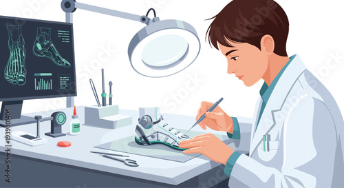 A male technician in a white lab coat precisely adjusts a shoe insole on a grey workbench under a magnifying lamp, with a foot anatomy display.