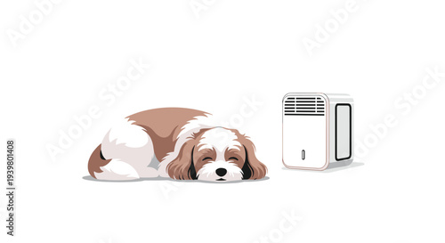 A small, fluffy brown and white dog is peacefully sleeping on the floor next to a modern white rectangular dehumidifier.