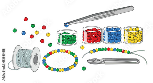 A collection of colorful beads, a spool of string, and crafting tools are arranged on a clean white surface for jewelry making.