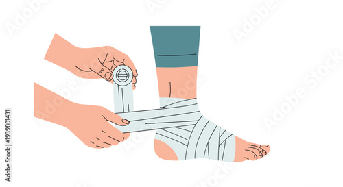 Hands carefully apply a white elastic bandage around a person's ankle and lower shin, with blue pants visible.