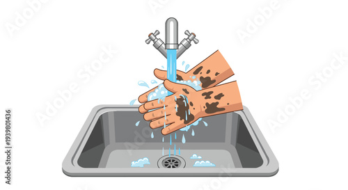 Two dirty hands are being thoroughly washed under a running faucet in a gleaming stainless steel kitchen sink with water splashing.