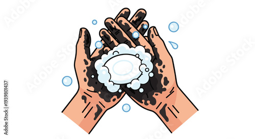 A pair of visibly dirty hands are actively washing with a white bar of soap, creating foam and bubbles.