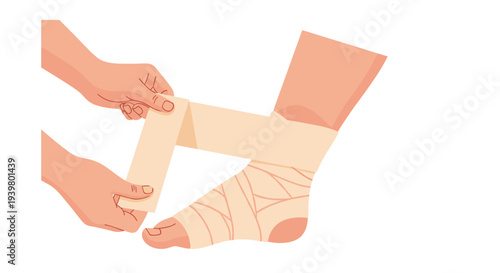 Hands carefully wrap a beige elastic bandage around a person's ankle and foot against a plain white background.