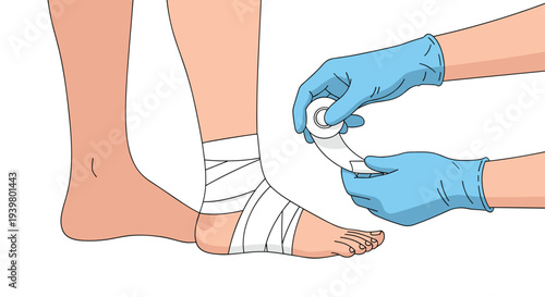 Gloved hands meticulously wrap a white elastic bandage around a person's ankle against a clean white background.
