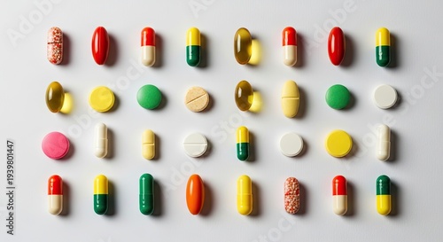 A collection of various colorful pills and capsules arranged in rows on a plain surface