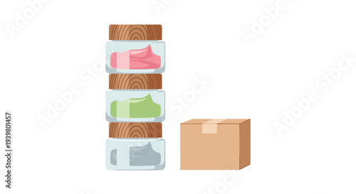 Four clear glass jars with wooden lids are stacked vertically next to a plain brown cardboard box on a white surface.