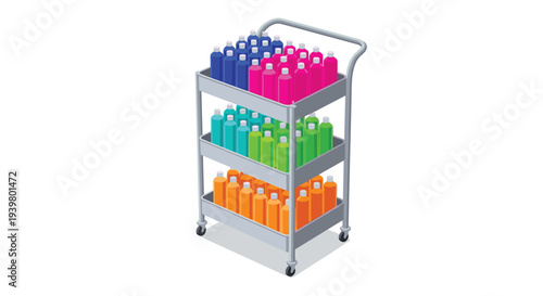 A three-tiered grey utility cart on wheels holds multiple colorful plastic bottles in an isometric perspective.