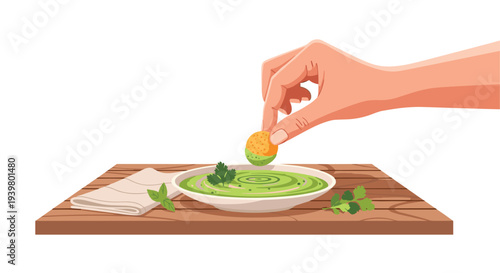 A hand dips a round cracker into a bowl of green dip, presented on a wooden board with a white napkin, mint leaves, and cilantro sprigs on a white background.