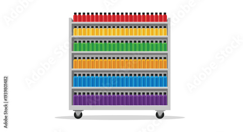 A grey shelving unit displays six rows of colorful bottles arranged in a rainbow gradient against a stark white background.