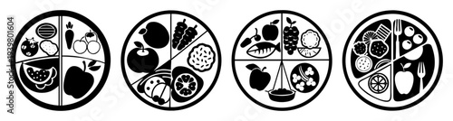 Black and white balanced diet food groups illustration set on circular plates for healthy nutrition education