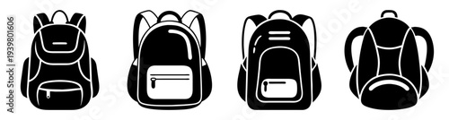 Set of three stylish black and white backpacks isolated on white background for school travel and business
