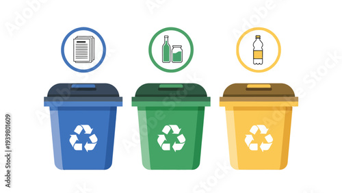 Waste Segregation Concept Illustration: Paper, Glass, and Plastic Recycling.