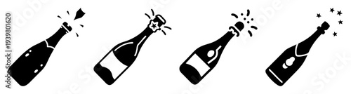 Four champagne bottles celebration pop corks flying confetti sparkling luxury party background vector illustration