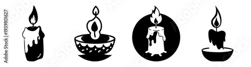 Minimalist black and white candle icons set with flame and wax dripping isolated on white background vector illustration