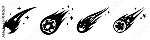 Futuristic space comets flying with glowing trails in cosmic black background vector illustration