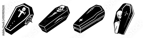 Set of four glossy black coffins with silver handles isolated on white background funeral burial death