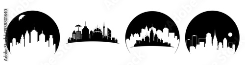 Modern city skyline silhouette at dusk with buildings and urban landscape black and white minimalist vector illustration