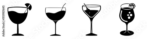 Set of four elegant wine and cocktail glasses with black silhouettes isolated on white background