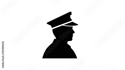 Male Police Officer or Security Guard in Profile with Cap Silhouette Icon.
