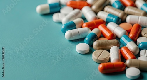 Assorted pharmaceutical pills and capsules on a blue surface