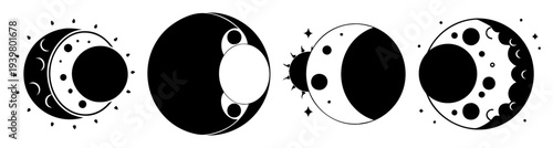 Four stages of solar eclipse progression with black and white moon phases against circular sun outline