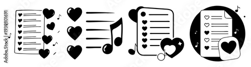 Hand drawn music playlist with hearts and notes on lined paper background minimalist romantic concept