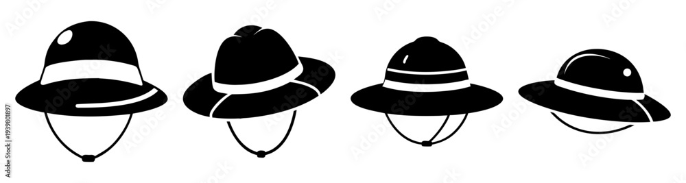 Fototapeta premium Set of four black safari hats isolated on white background minimalist design fashion accessory summer travel outdoor