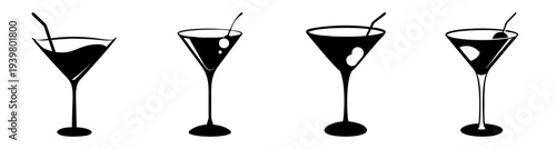 Four empty martini glasses in a row minimalist black and white vector illustration for elegant party cocktails