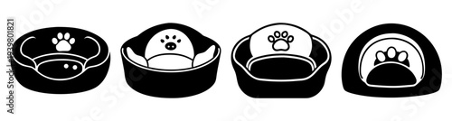 Set of four modern pet beds with paw prints and sleeping cat icons in black and white minimalist design