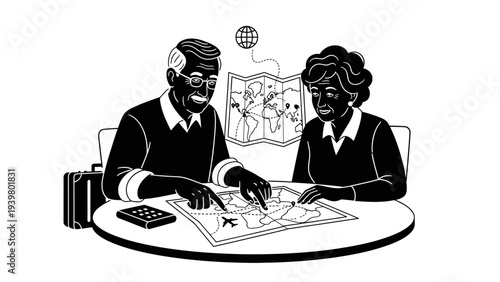 Senior Couple Planning World Travel with Map and Suitcase Illustration.