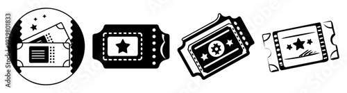 Black and white vintage movie ticket collection with film reel and clapperboard icons for cinema concept