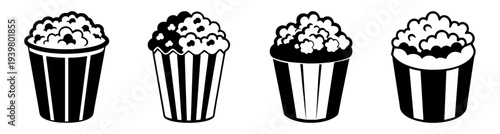 Three striped popcorn buckets with fluffy white popcorn isolated on white background vector illustration