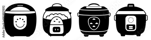 Set of four colorful rice cookers with happy and spooky faces isolated on black background