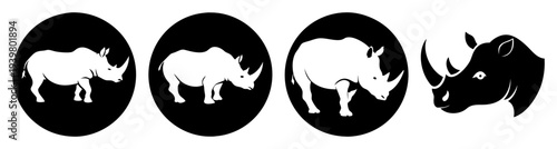 Silhouette of rhino and cattle animals in circular frames minimalist black and white vector illustration
