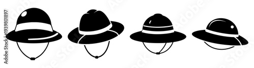 Set of four black safari hats isolated on white background minimalist design fashion accessory summer travel outdoor