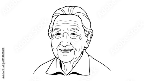 Portrait of a Smiling Senior Woman, Minimalist Line Art Illustration.