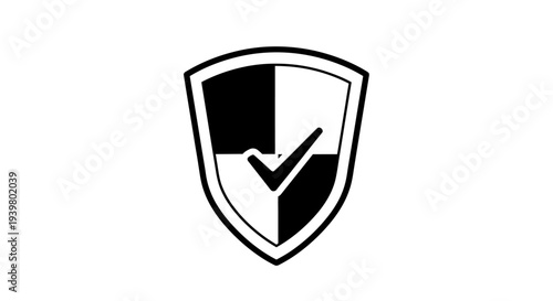 Security Shield Icon with Checkmark, Black and White Vector.