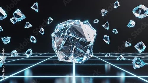 Abstract geometric crystal formation with grid background on black