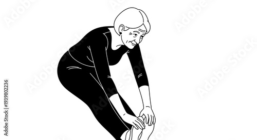 Senior woman doing stretching exercises or yoga, black and white line art illustration.