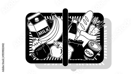 Grocery shopping basket with food and daily products icon.