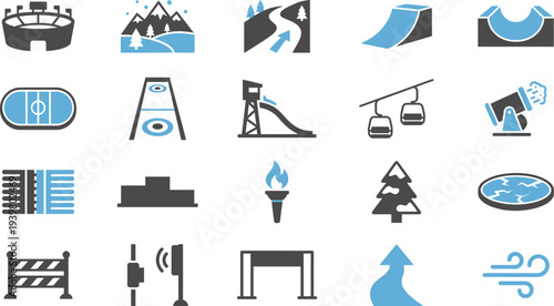 Collection of winter sports icons featuring stadiums, slopes, ski lifts, and competition elements.