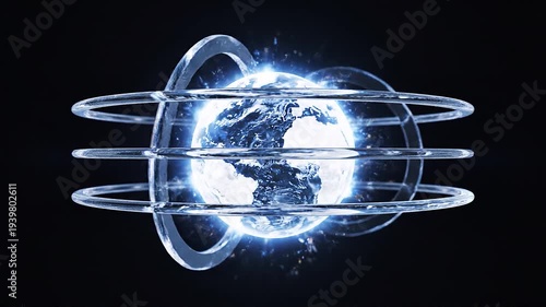 Abstract globe illustration with light and rings on black background