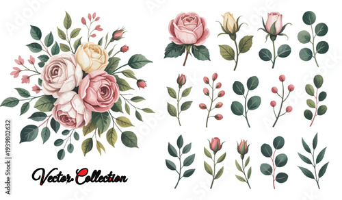 Beautiful Vintage Rose Bouquet and Floral Elements for Elegant Designs