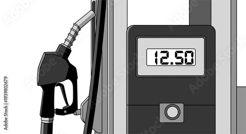 Gas station pump nozzle and digital display showing price or fuel amount.