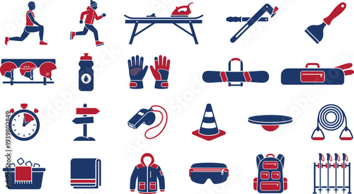 Collection of essential winter sports equipment icons featuring preparation and training gear silhouettes.