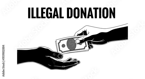 Illegal donation concept illustration showing hands exchanging money in black and white line art.