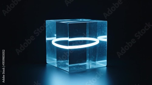 Abstract glowing neon ring inside clear cube on black background